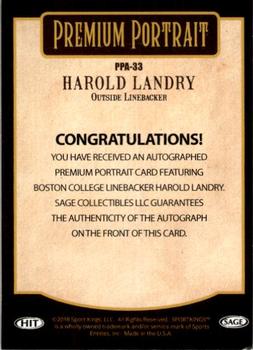 2018 SAGE HIT - Premium Portrait Autographs #PPA-33 Harold Landry Back