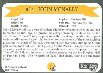 1992 Green Bay Packer Hall of Fame #5 John McNally Back