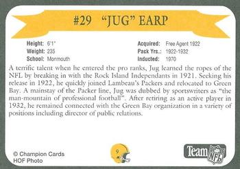 1992 Green Bay Packer Hall of Fame #9 Jug Earp Back