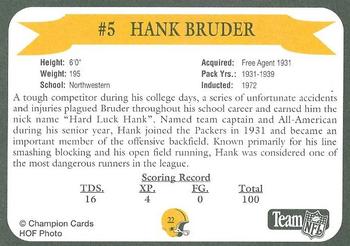 1992 Green Bay Packer Hall of Fame #22 Hank Bruder Back