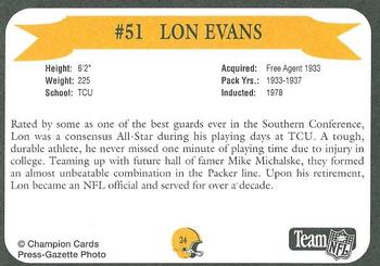 1992 Green Bay Packer Hall of Fame #24 Lon Evans Back