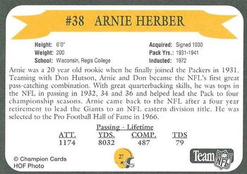 1992 Green Bay Packer Hall of Fame #27 Arnie Herber Back