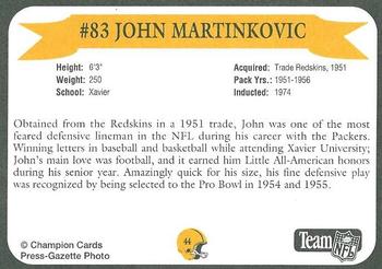 1992 Green Bay Packer Hall of Fame #44 John Martinkovic Back