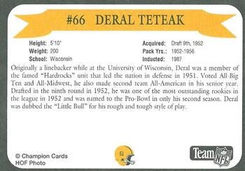 1992 Green Bay Packer Hall of Fame #51 Deral Teteak Back