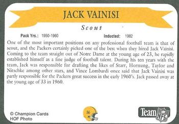 1992 Green Bay Packer Hall of Fame #56 Jack Vainisi Back