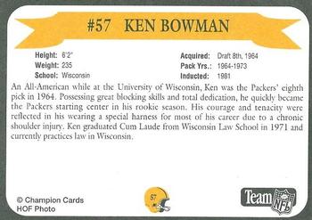 1992 Green Bay Packer Hall of Fame #57 Ken Bowman Back