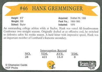 1992 Green Bay Packer Hall of Fame #73 Hank Gremminger Back
