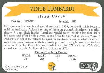1992 Green Bay Packer Hall of Fame #105 Vince Lombardi Back