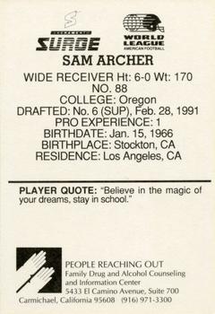 1991 American Airlines Sacramento Surge (WLAF) Police #NNO Sam Archer Back