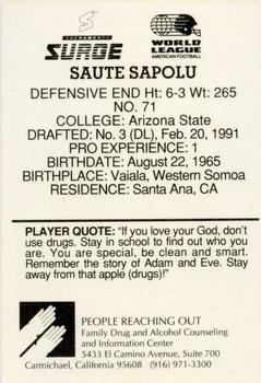1991 American Airlines Sacramento Surge (WLAF) Police #NNO Saute Sapolu Back