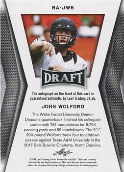 2018 Leaf Draft - Autographs #BA-JW6 John Wolford Back