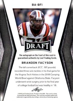 2018 Leaf Draft - Autographs Gold #BA-BF1 Brandon Facyson Back