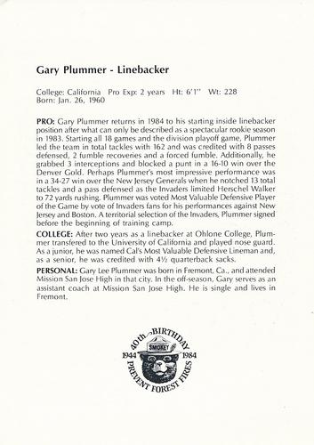 1984 Oakland Invaders (USFL) Smokey #2 Gary Plummer Back