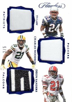 2017 Panini Flawless - Triple Patches Sapphire #TP-LWS Charles Woodson / Deion Sanders / Ty Law Front