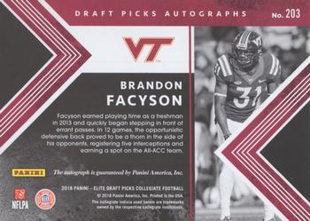 2018 Panini Elite Draft Picks - Draft Picks Autographs #203 Brandon Facyson Back