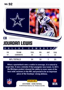 2018 Score - Red #92 Jourdan Lewis Back