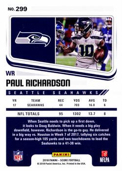 2018 Score - Red #299 Paul Richardson Back