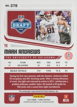 2018 Score - Rookie Autographs Red Zone #378 Mark Andrews Back