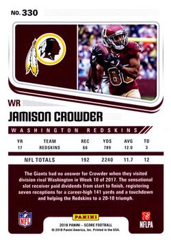 2018 Score - Scorecard #330 Jamison Crowder Back