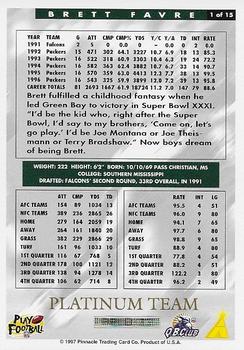 1997 Score Green Bay Packers - Platinum Team #1 Brett Favre Back