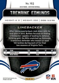 2018 Panini Certified #163 Tremaine Edmunds Back