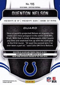 2018 Panini Certified #195 Quenton Nelson Back