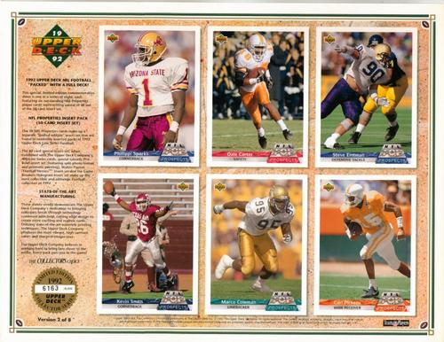 1992 Upper Deck SCD Sheets #2 Phillippi Sparks / Dale Carter / Steve Emtman / Kevin Smith / Marco Coleman / Carl Pickens Front