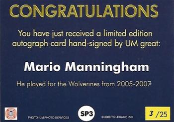2002 TK Legacy Michigan Wolverines - Silver Signatures #SP3 Mario Manningham Back