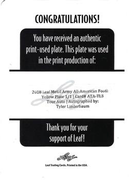 2018 Leaf Metal Army All-American - Tour Autographs Printing Plates Yellow #ATA-TL3 Tyler Linderbaum Back