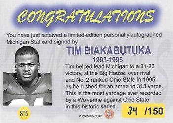 2002 TK Legacy Michigan Wolverines - M-Stat Autographs #ST5 Tim Biakabutuka Back