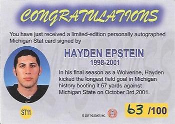 2002 TK Legacy Michigan Wolverines - M-Stat Autographs #ST11 Hayden Epstein Back