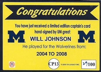 2002 TK Legacy Michigan Wolverines - Captains Autographs #CP13 Will Johnson Back