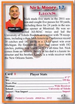 2012 JOGO CFLPA Pro Players #8 Nick Moore Back