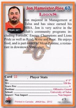 2012 JOGO CFLPA Pro Players #22 Jon Hameister-Ries Back