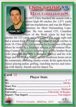 2012 JOGO CFLPA Pro Players #32 Chris Getzlaf Back