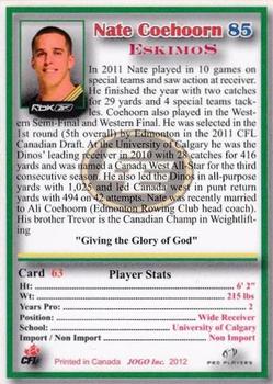 2012 JOGO CFLPA Pro Players #63 Nate Coehoorn Back