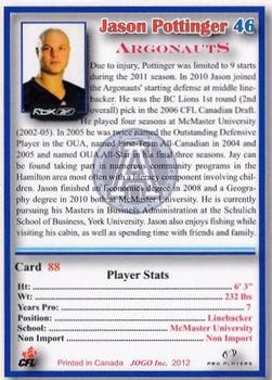 2012 JOGO CFLPA Pro Players #88 Jason Pottinger Back