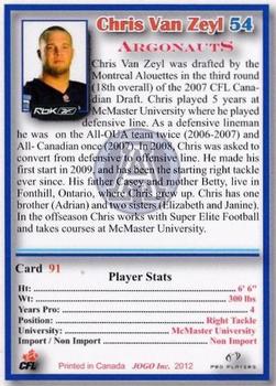 2012 JOGO CFLPA Pro Players #91 Chris Van Zeyl Back