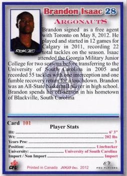 2012 JOGO CFLPA Pro Players #101 Brandon Isaac Back