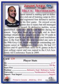 2012 JOGO CFLPA Pro Players #139 Jason Vega Back