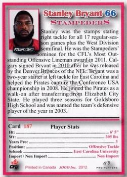 2012 JOGO CFLPA Pro Players #187 Stanley Bryant Back
