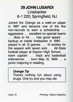 1991 Syracuse Orangemen Program Cards #13 John Lusardi Back