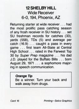 1991 Syracuse Orangemen Program Cards #16 Shelby Hill Back