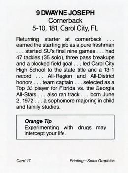 1991 Syracuse Orangemen Program Cards #17 Dwayne Joseph Back