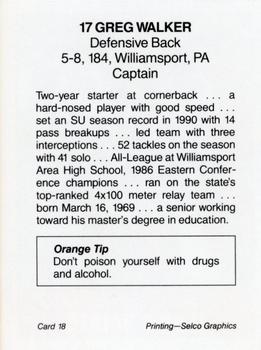1991 Syracuse Orangemen Program Cards #18 Greg Walker Back