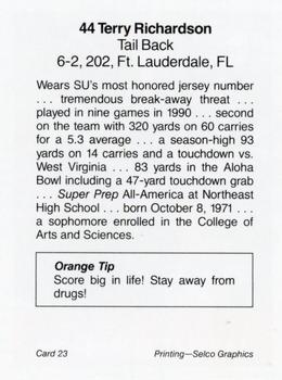 1991 Syracuse Orangemen Program Cards #23 Terry Richardson Back