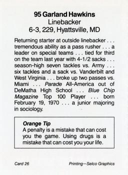 1991 Syracuse Orangemen Program Cards #26 Garland Hawkins Back