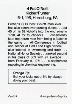 1991 Syracuse Orangemen Program Cards #29 Pat O'Neill Back