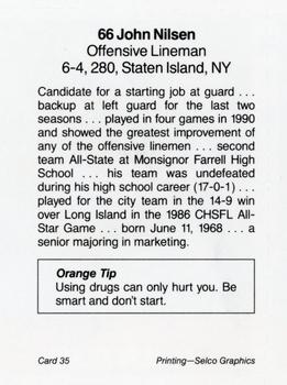 1991 Syracuse Orangemen Program Cards #35 John Nilsen Back
