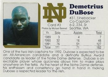 1992 Notre Dame Fighting Irish #3 Demetrius DuBose Back